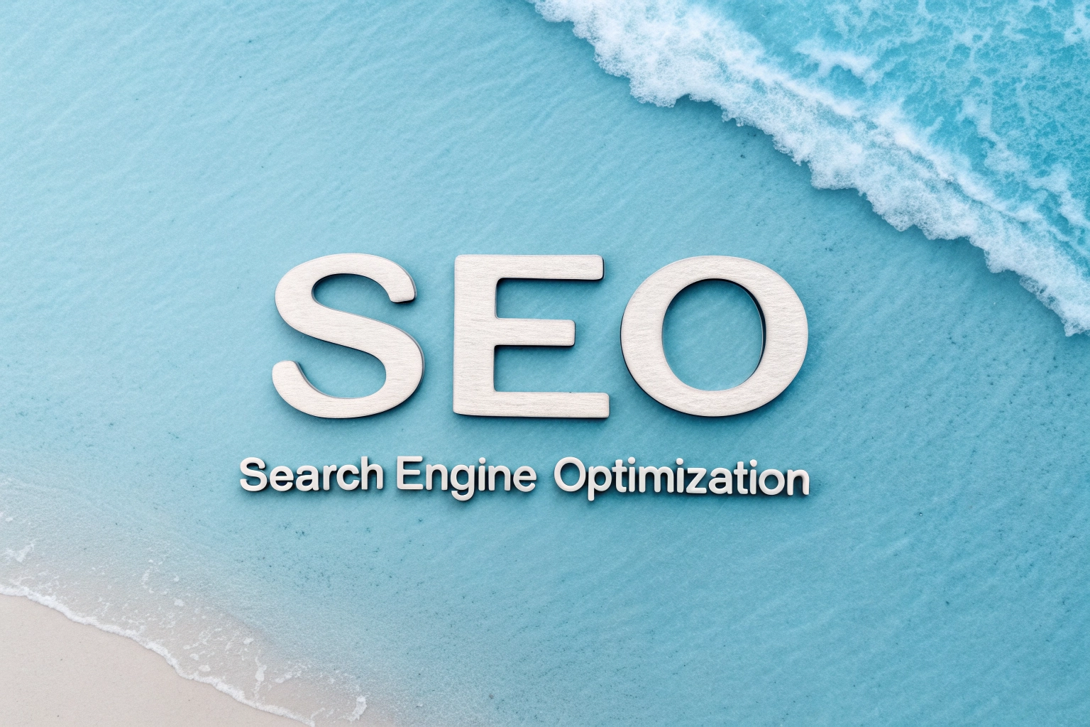image représentant une plage avec des vagues bleues, et le mot SEO et "Search Engine Optimisation" dedans.