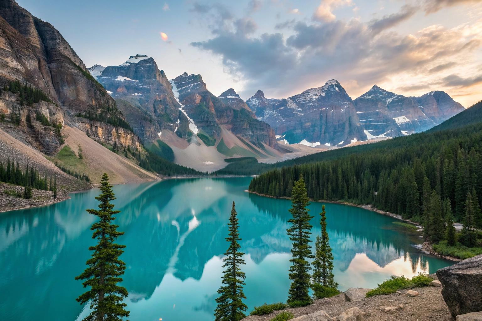 cette image montre des montagnes canadiennes enneigées, avec des sapins, et un lac bleu au milieu.