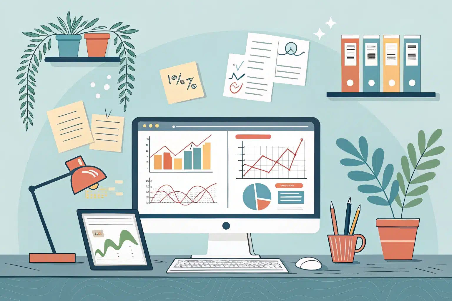 image représentant un bureau de travail avec ordinateur, post-it et plantes vertes.