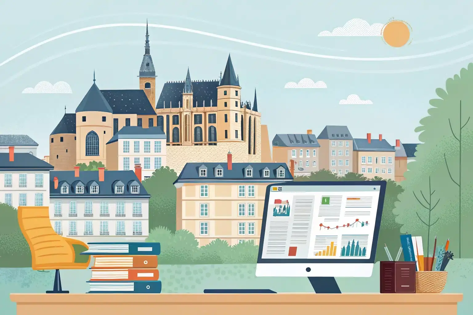 l'image représente un bureau de travail avec un ordinateur et des dossiers, avec en fond le château et la ville de Vitré.