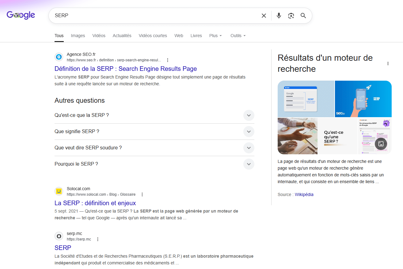 image représentant la SERP (page de recherche) en SEO