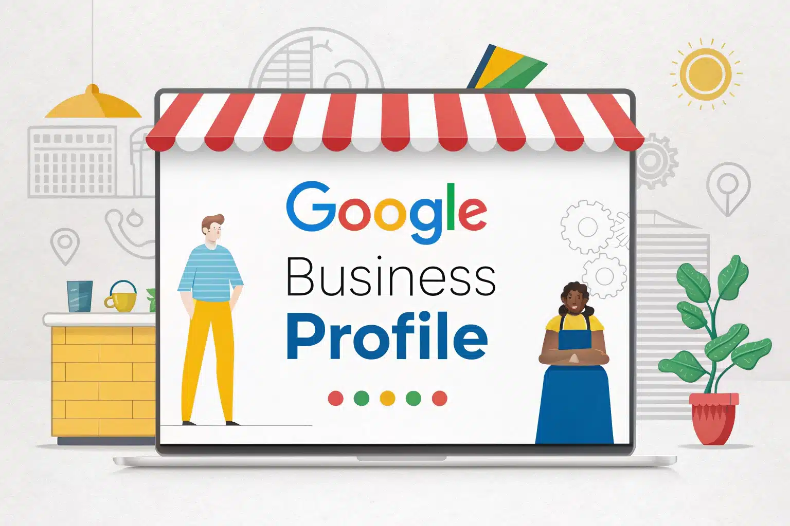 image représentant la fiche établissement Google Business Profile, avec 2 personnes et un décor derrière.